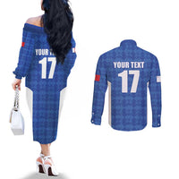 Custom Malta Football Jersey Go Champions Couples Matching Off The Shoulder Long Sleeve Dress and Long Sleeve Button Shirt Blue Style