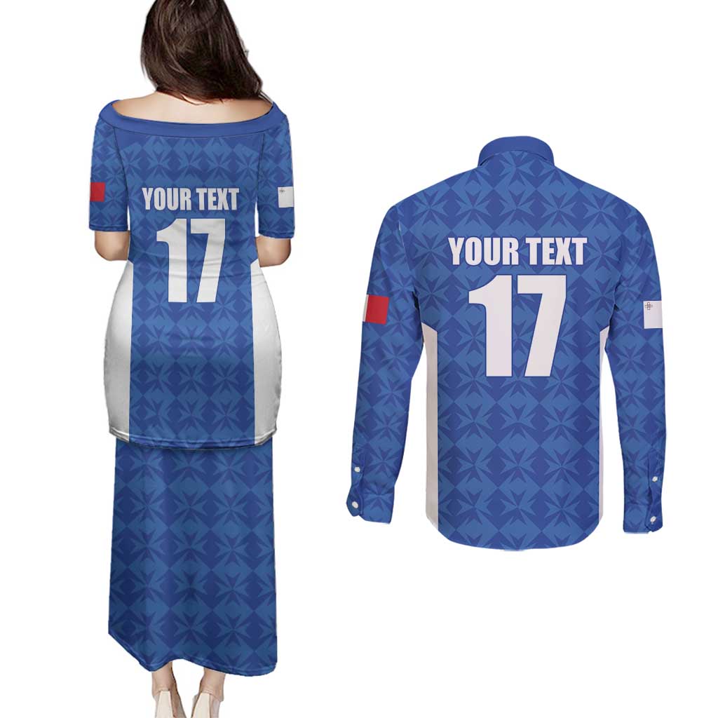 Custom Malta Football Jersey Go Champions Couples Matching Puletasi and Long Sleeve Button Shirt Blue Style