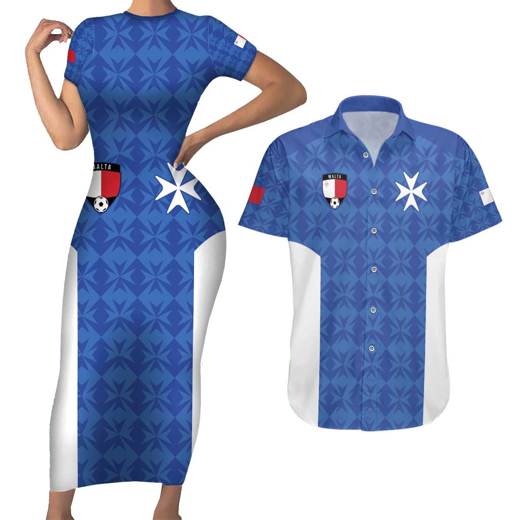 Custom Malta Football Jersey Go Champions Couples Matching Short Sleeve Bodycon Dress and Hawaiian Shirt Blue Style