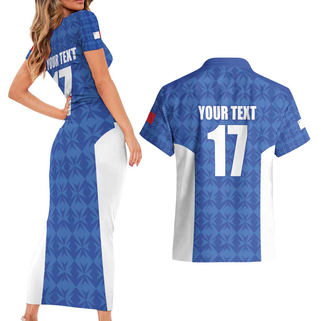 Custom Malta Football Jersey Go Champions Couples Matching Short Sleeve Bodycon Dress and Hawaiian Shirt Blue Style