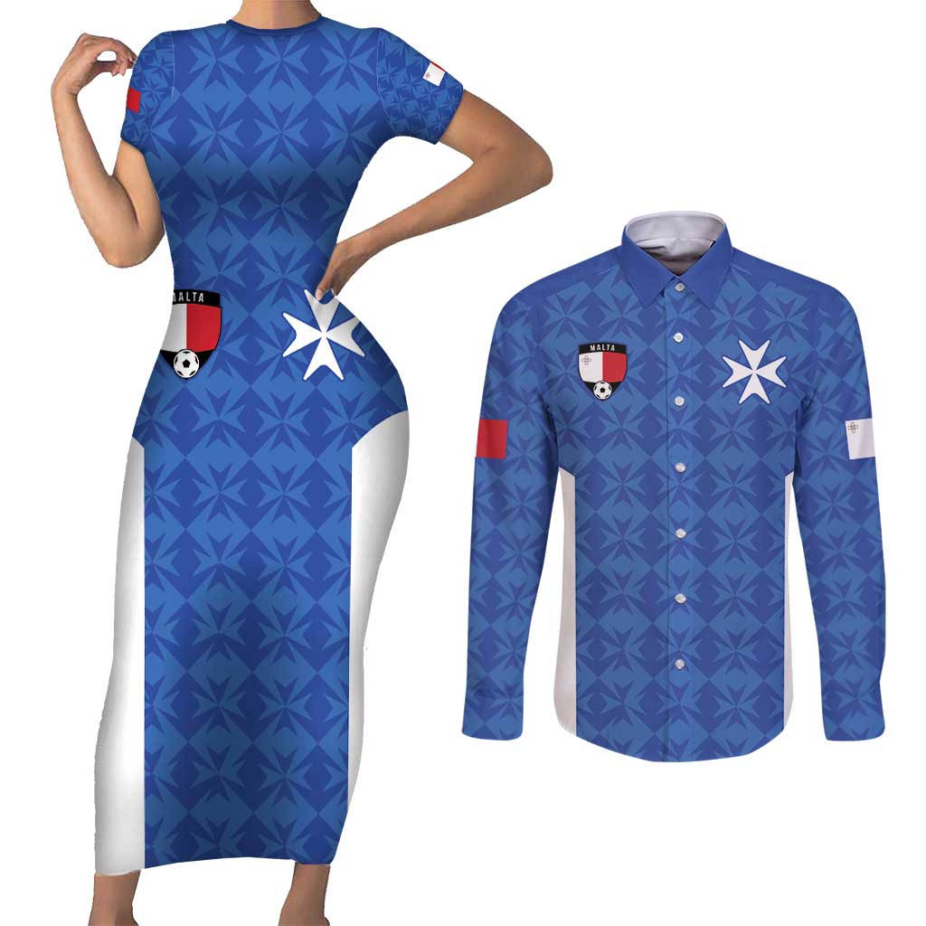 Custom Malta Football Jersey Go Champions Couples Matching Short Sleeve Bodycon Dress and Long Sleeve Button Shirt Blue Style