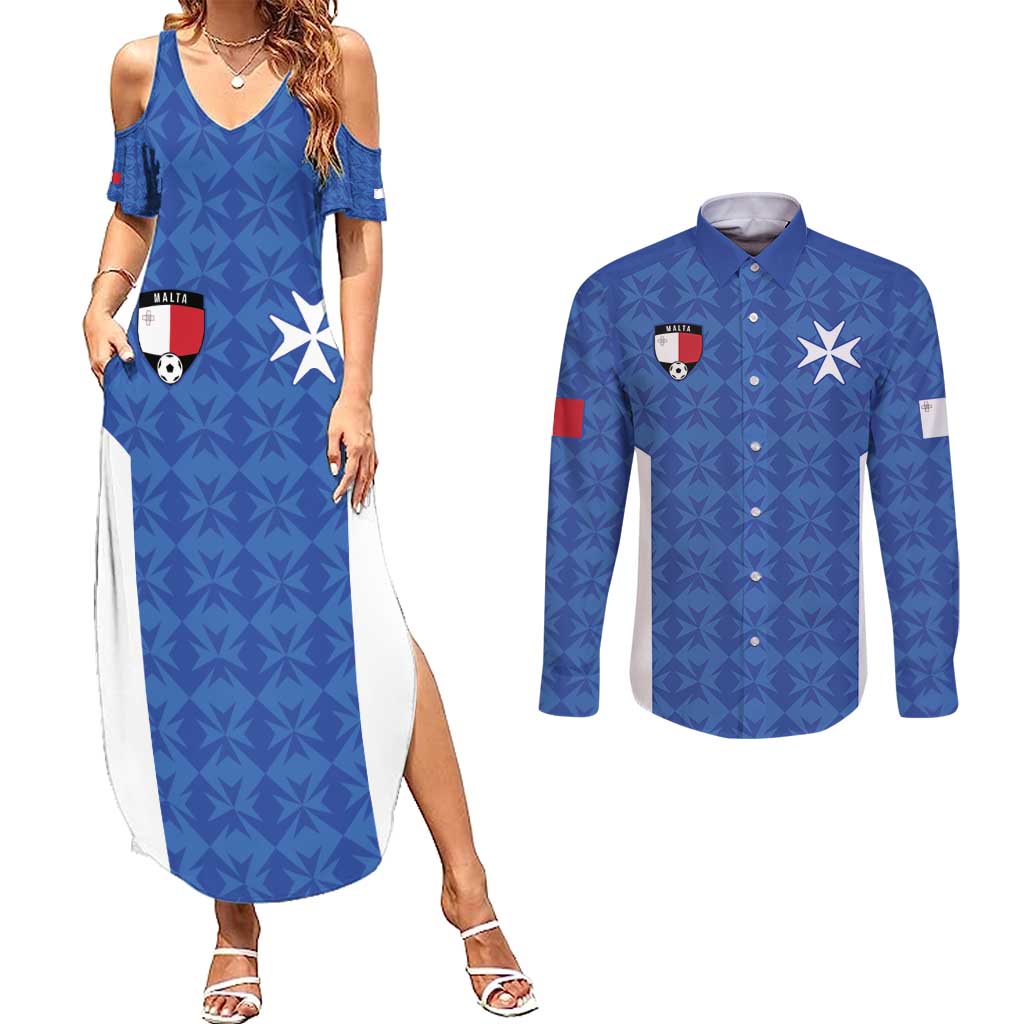 Custom Malta Football Jersey Go Champions Couples Matching Summer Maxi Dress and Long Sleeve Button Shirt Blue Style