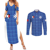 Custom Malta Football Jersey Go Champions Couples Matching Summer Maxi Dress and Long Sleeve Button Shirt Blue Style