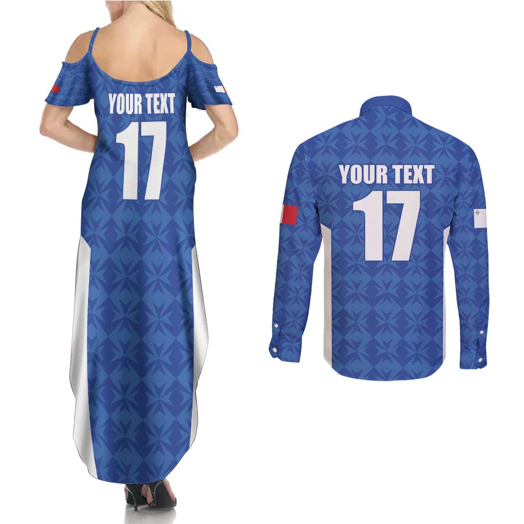 Custom Malta Football Jersey Go Champions Couples Matching Summer Maxi Dress and Long Sleeve Button Shirt Blue Style