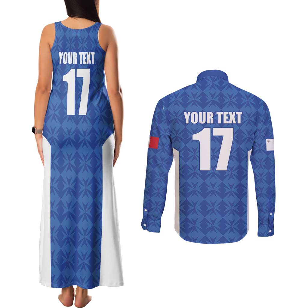 Custom Malta Football Jersey Go Champions Couples Matching Tank Maxi Dress and Long Sleeve Button Shirt Blue Style