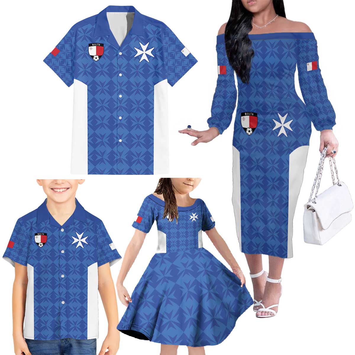 Custom Malta Football Jersey Go Champions Family Matching Off The Shoulder Long Sleeve Dress and Hawaiian Shirt Blue Style