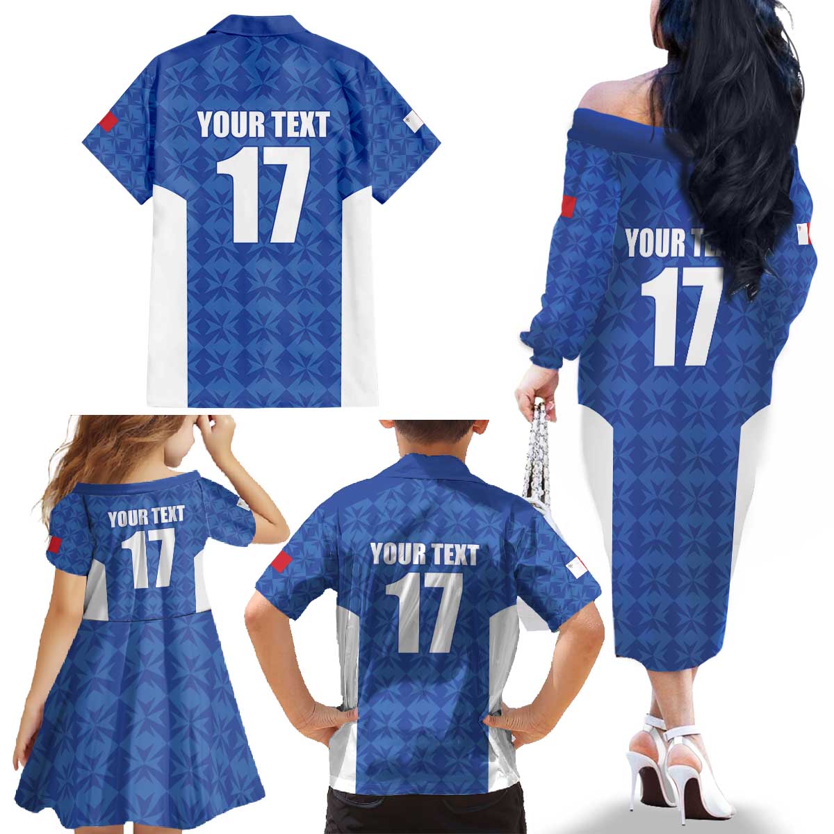 Custom Malta Football Jersey Go Champions Family Matching Off The Shoulder Long Sleeve Dress and Hawaiian Shirt Blue Style