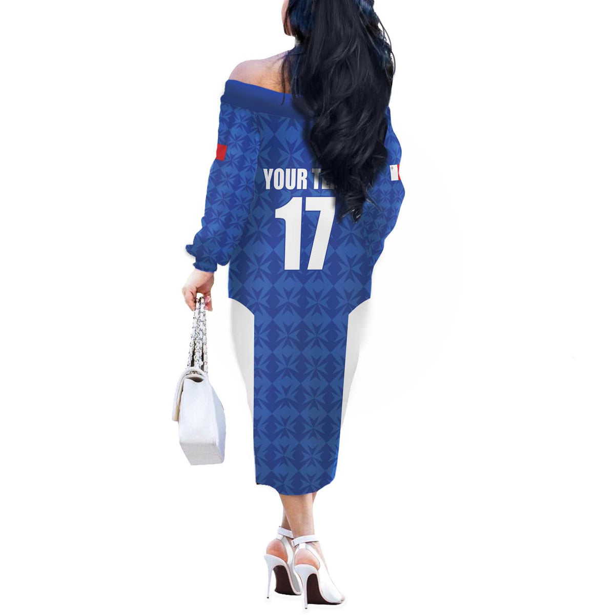 Custom Malta Football Jersey Go Champions Off The Shoulder Long Sleeve Dress Blue Style