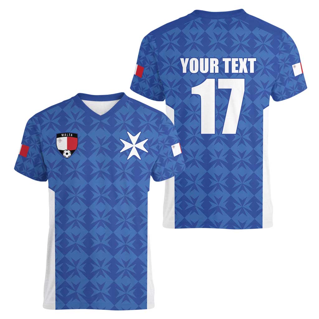 Custom Malta Football Jersey Go Champions Women V-Neck T-Shirt Blue Style