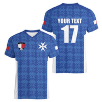 Custom Malta Football Jersey Go Champions Women V-Neck T-Shirt Blue Style