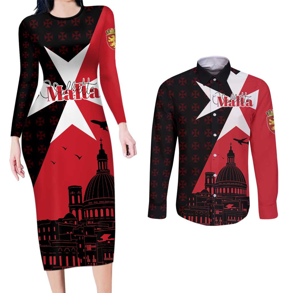 Malta Cross With Valletta Capital Couples Matching Long Sleeve Bodycon Dress and Long Sleeve Button Shirt Scenery in Velletta Capital