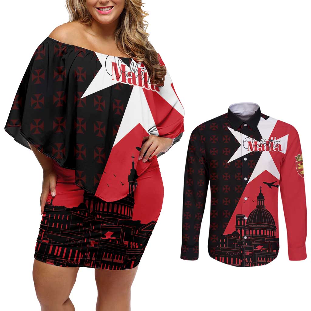 Malta Cross With Valletta Capital Couples Matching Off Shoulder Short Dress and Long Sleeve Button Shirt Scenery in Velletta Capital