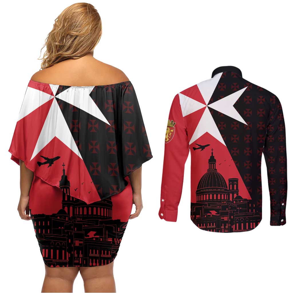 Malta Cross With Valletta Capital Couples Matching Off Shoulder Short Dress and Long Sleeve Button Shirt Scenery in Velletta Capital