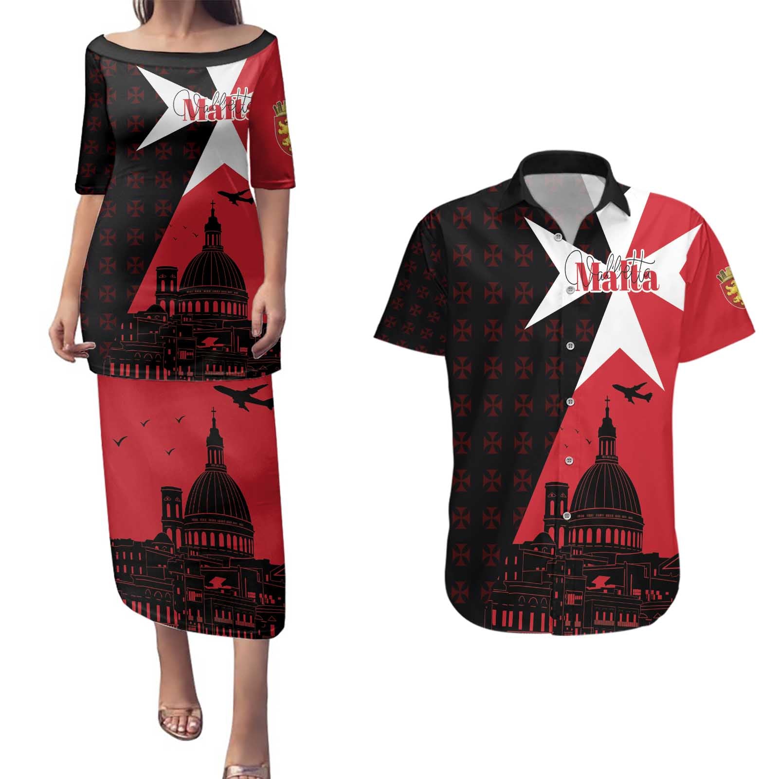 Malta Cross With Valletta Capital Couples Matching Puletasi and Hawaiian Shirt Scenery in Velletta Capital
