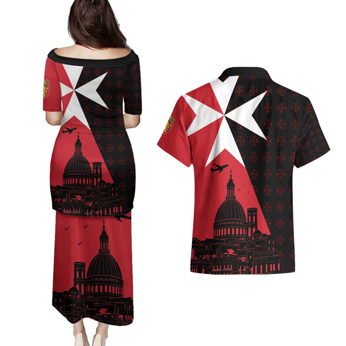 Malta Cross With Valletta Capital Couples Matching Puletasi and Hawaiian Shirt Scenery in Velletta Capital