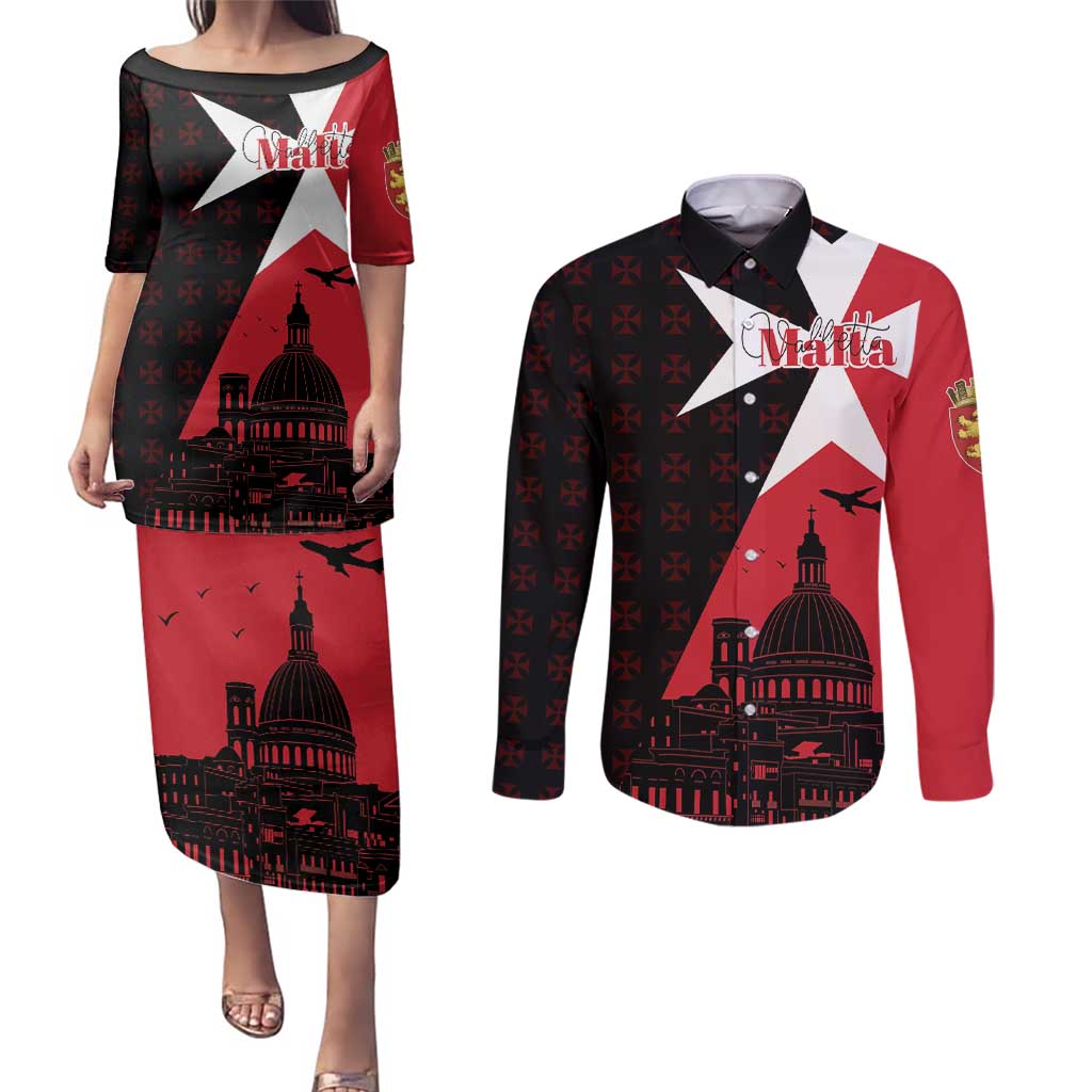 Malta Cross With Valletta Capital Couples Matching Puletasi and Long Sleeve Button Shirt Scenery in Velletta Capital