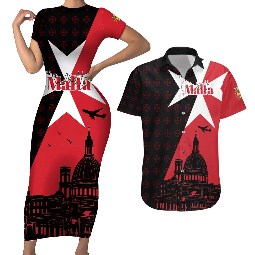 Malta Cross With Valletta Capital Couples Matching Short Sleeve Bodycon Dress and Hawaiian Shirt Scenery in Velletta Capital