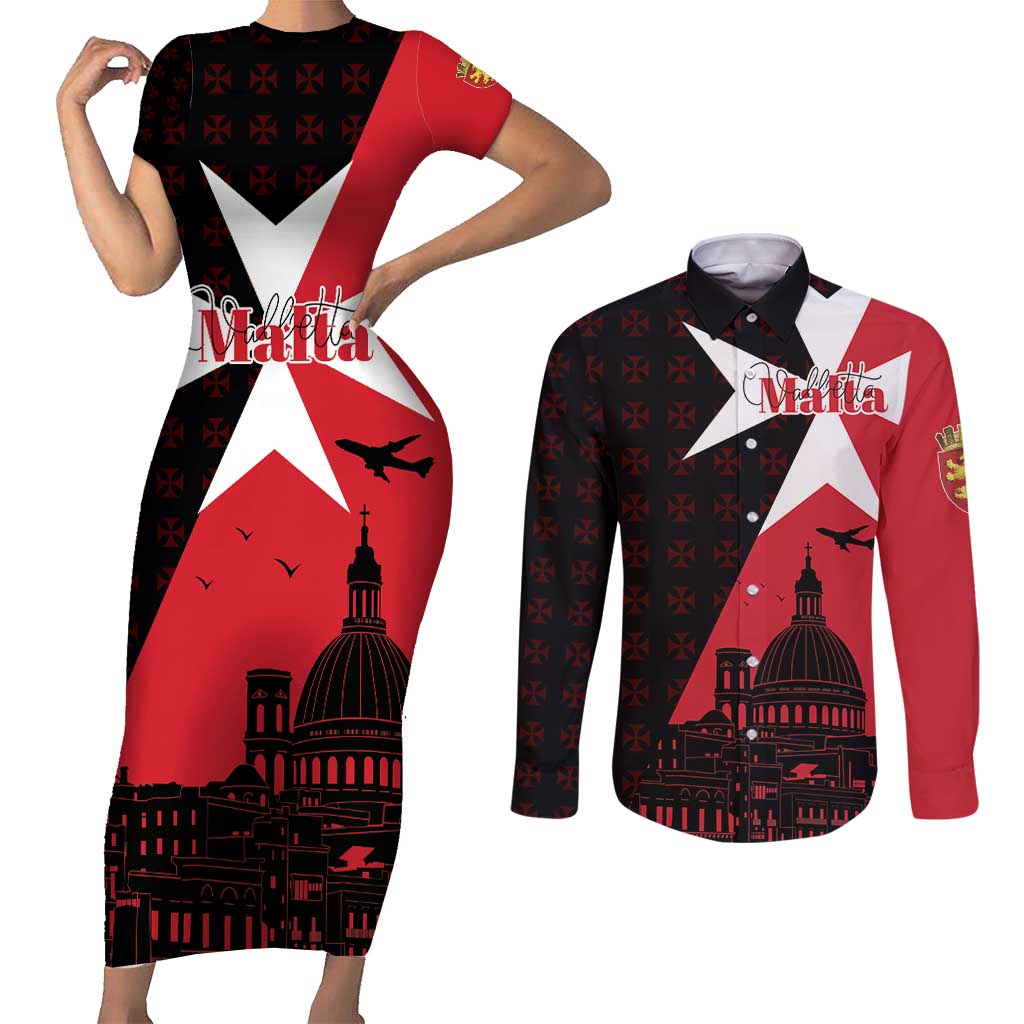 Malta Cross With Valletta Capital Couples Matching Short Sleeve Bodycon Dress and Long Sleeve Button Shirt Scenery in Velletta Capital