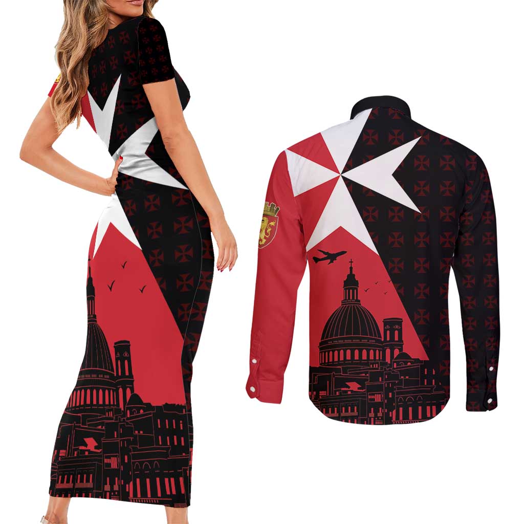 Malta Cross With Valletta Capital Couples Matching Short Sleeve Bodycon Dress and Long Sleeve Button Shirt Scenery in Velletta Capital