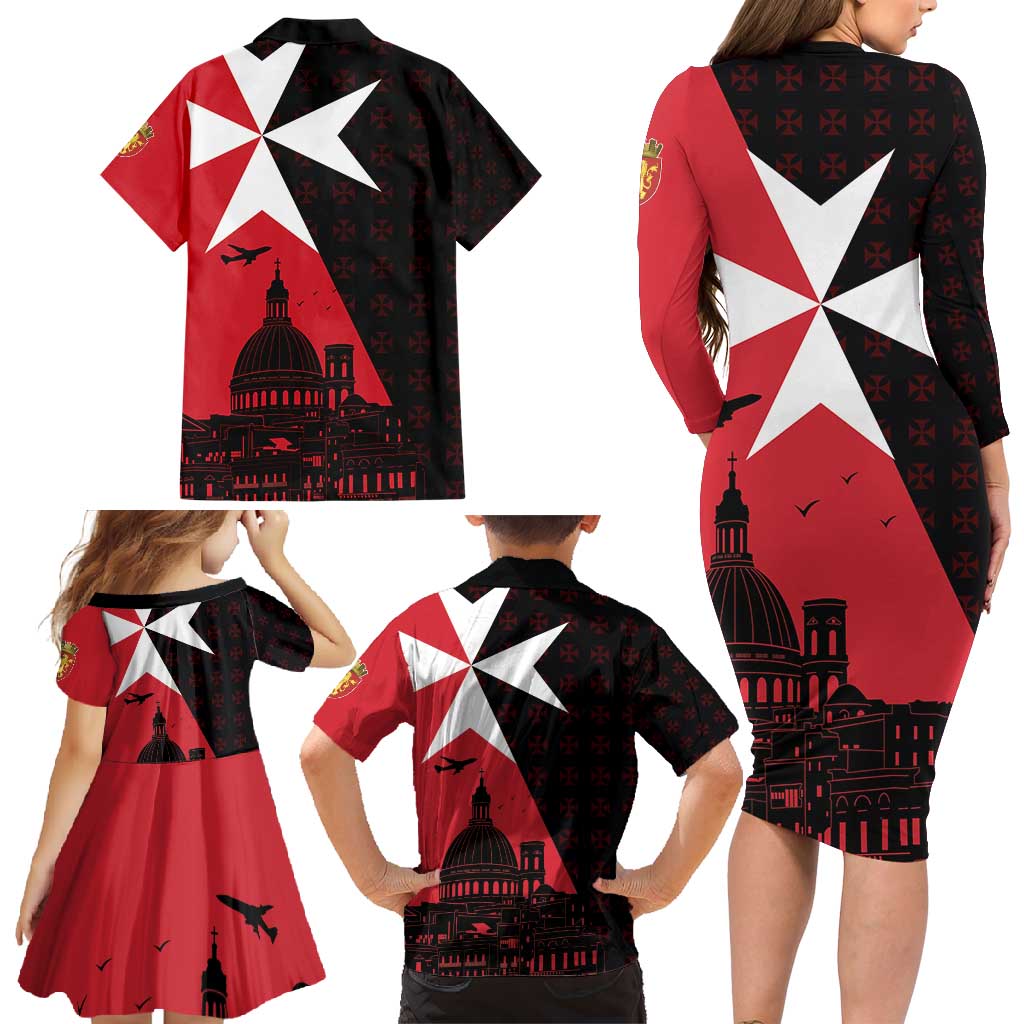 Malta Cross With Valletta Capital Family Matching Long Sleeve Bodycon Dress and Hawaiian Shirt Scenery in Velletta Capital