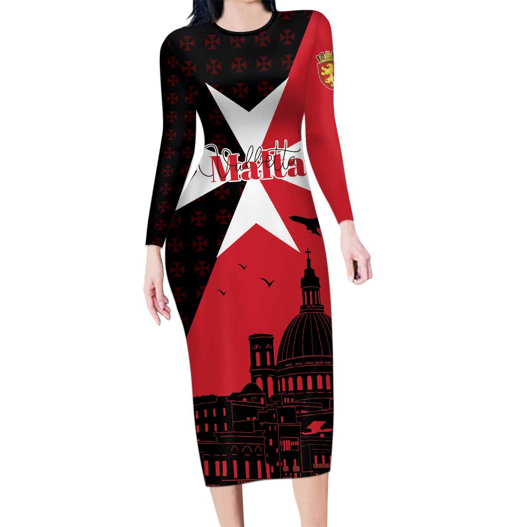 Malta Cross With Valletta Capital Long Sleeve Bodycon Dress Scenery in Velletta Capital