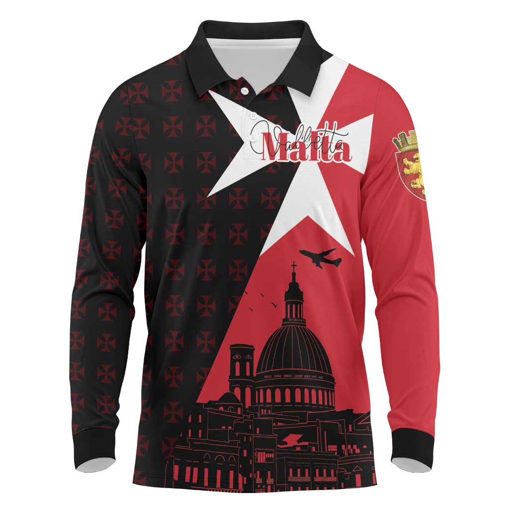 Malta Cross With Valletta Capital Long Sleeve Polo Shirt Scenery in Velletta Capital