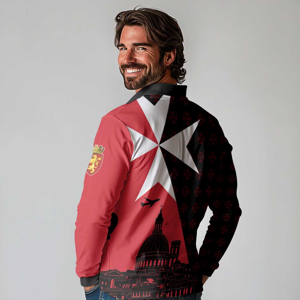 Malta Cross With Valletta Capital Long Sleeve Polo Shirt Scenery in Velletta Capital