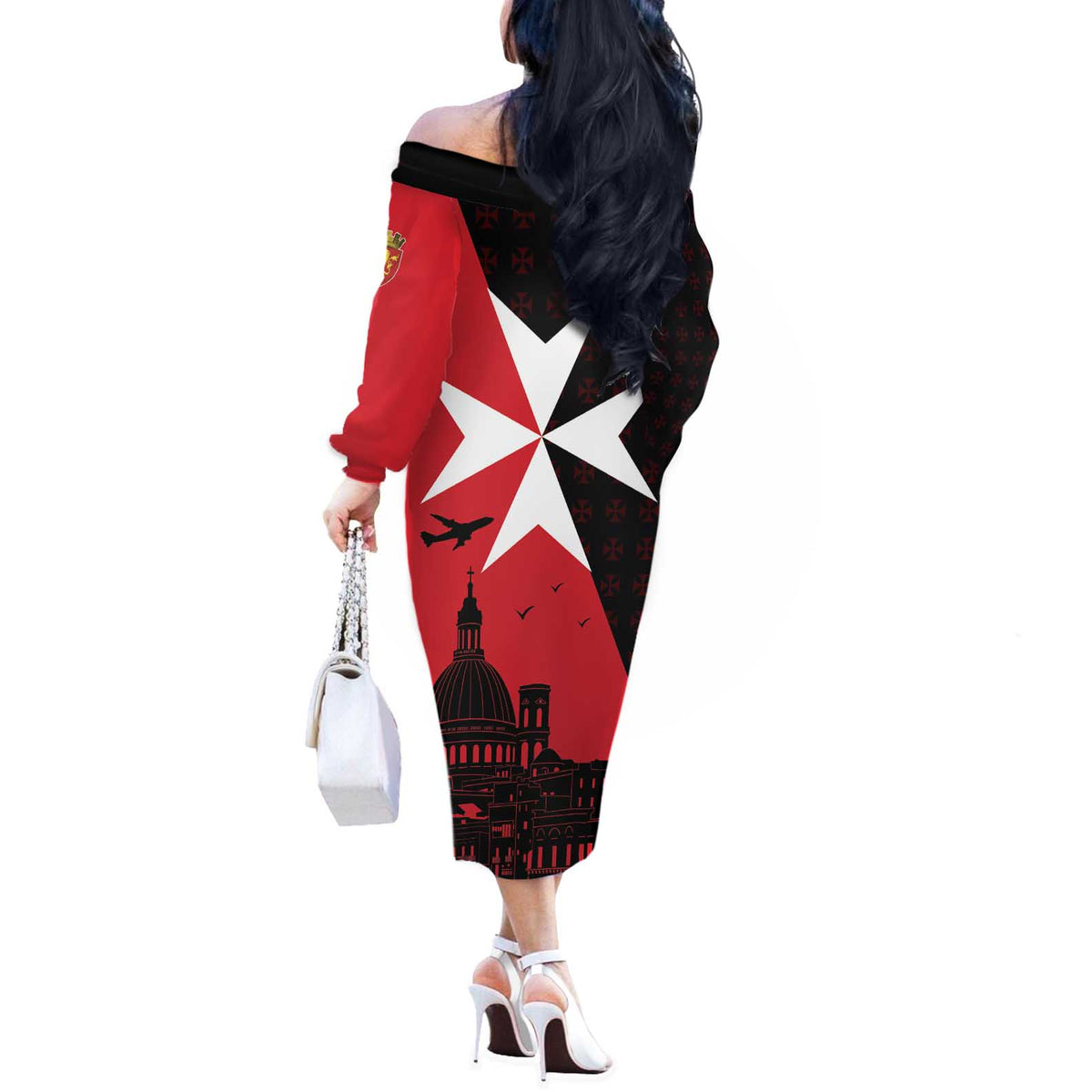 Malta Cross With Valletta Capital Off The Shoulder Long Sleeve Dress Scenery in Velletta Capital