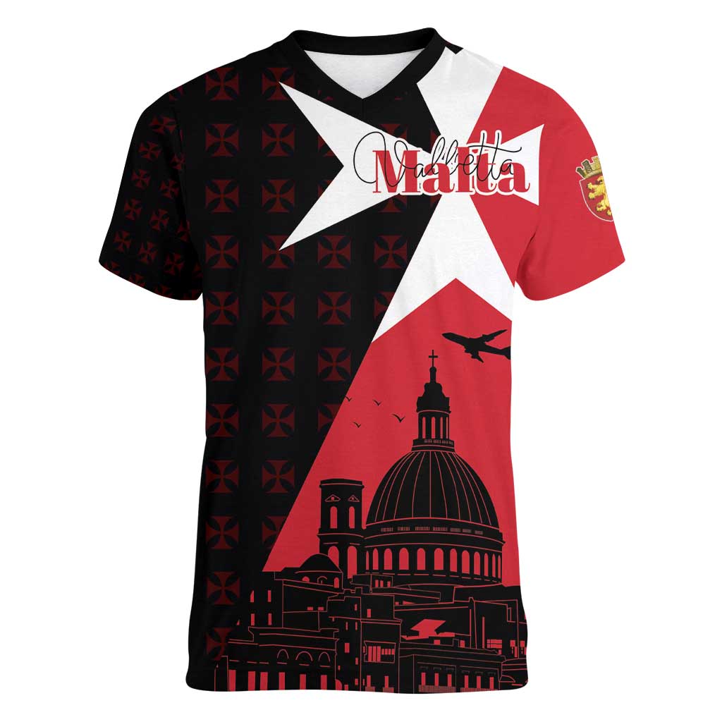 Malta Cross With Valletta Capital Women V-Neck T-Shirt Scenery in Velletta Capital