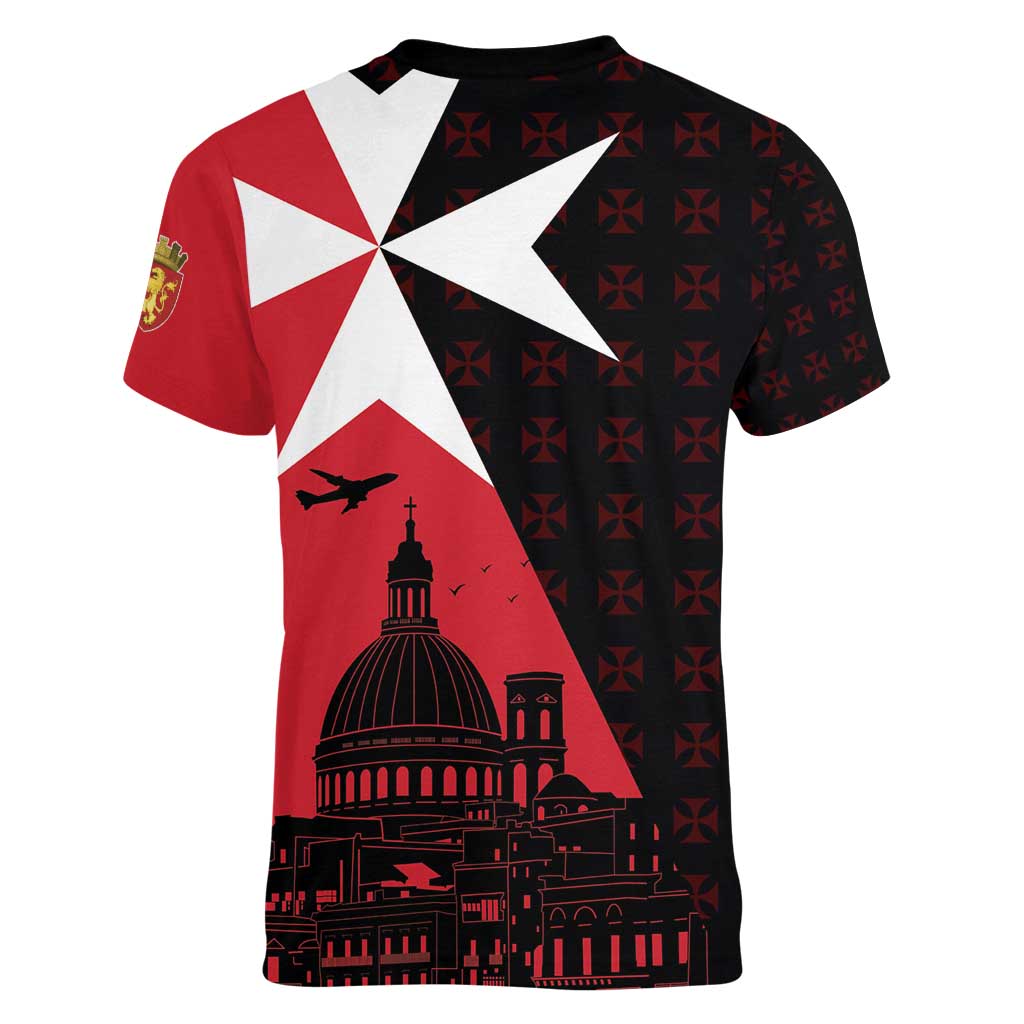 Malta Cross With Valletta Capital Women V-Neck T-Shirt Scenery in Velletta Capital