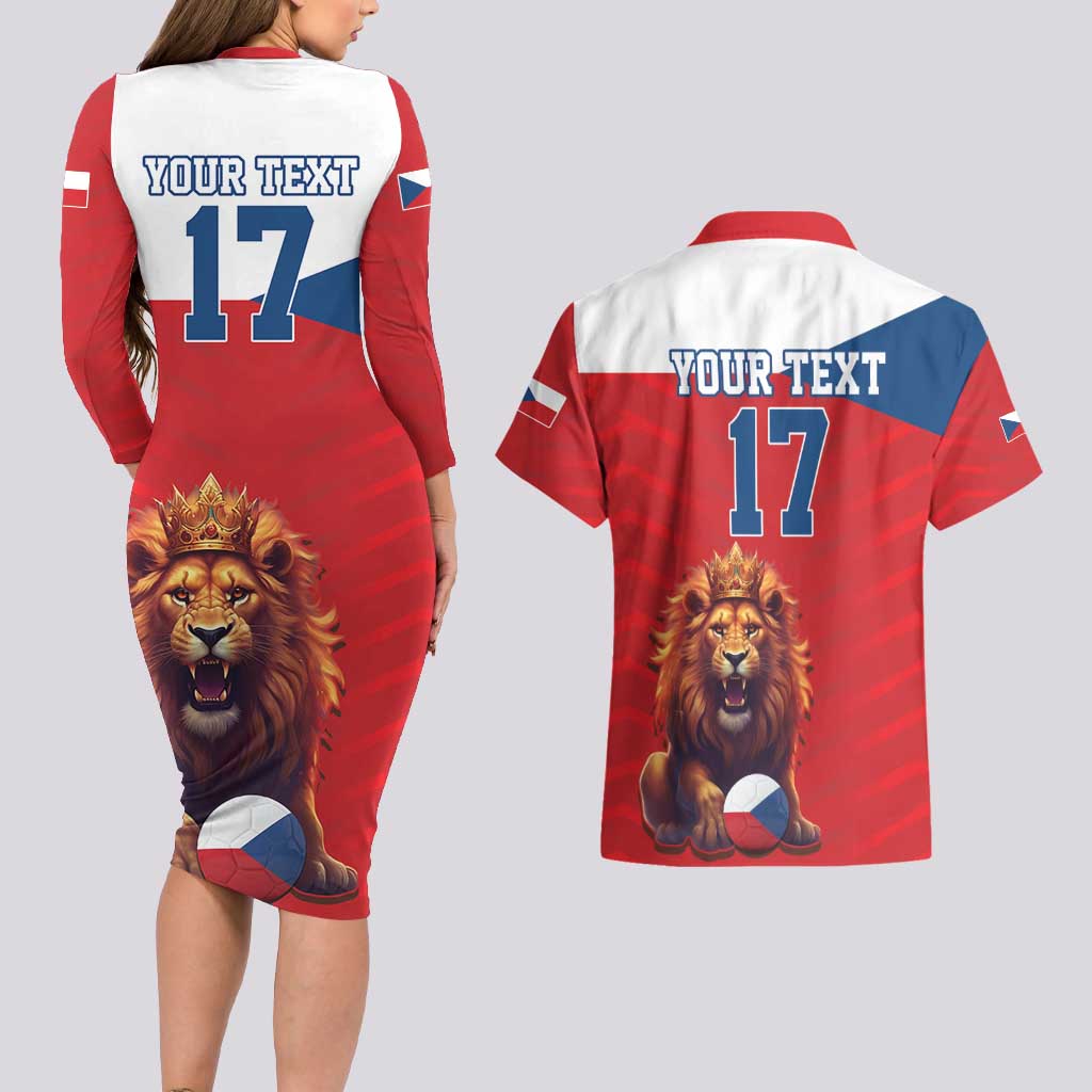 Custom Czech Republic Football Go Champions Couples Matching Long Sleeve Bodycon Dress and Hawaiian Shirt Sporty Style with Lion Mascot