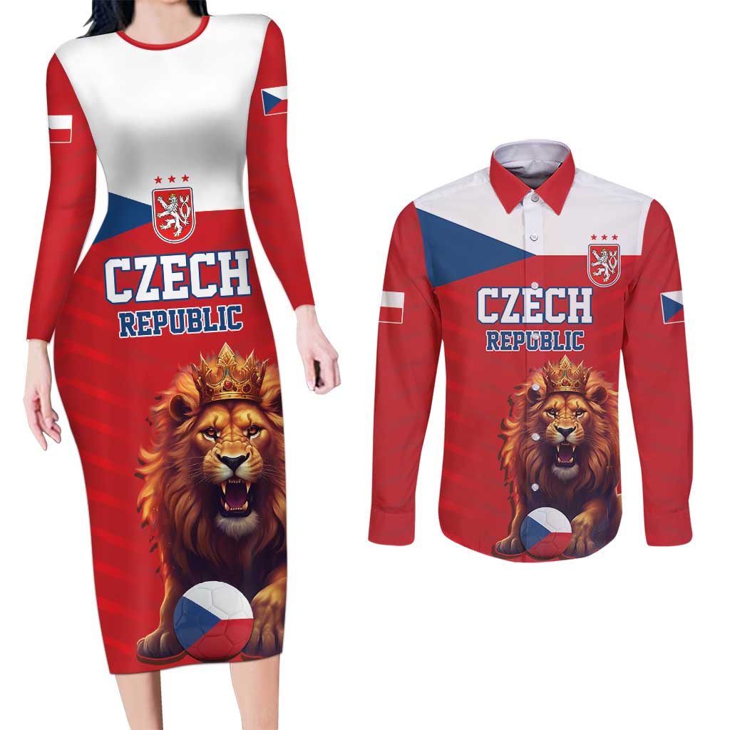 Custom Czech Republic Football Go Champions Couples Matching Long Sleeve Bodycon Dress and Long Sleeve Button Shirt Sporty Style with Lion Mascot