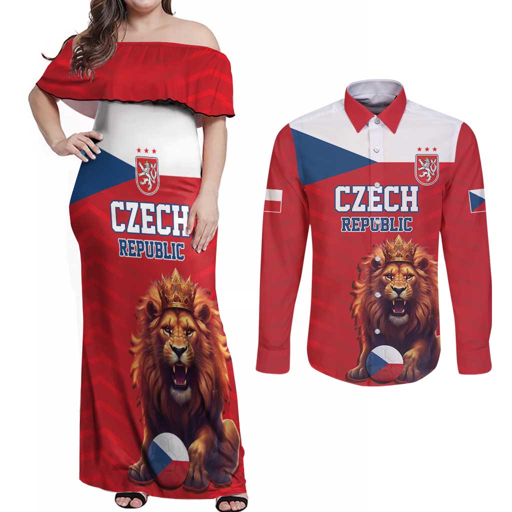 Custom Czech Republic Football Go Champions Couples Matching Off Shoulder Maxi Dress and Long Sleeve Button Shirt Sporty Style with Lion Mascot