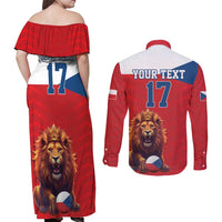 Custom Czech Republic Football Go Champions Couples Matching Off Shoulder Maxi Dress and Long Sleeve Button Shirt Sporty Style with Lion Mascot