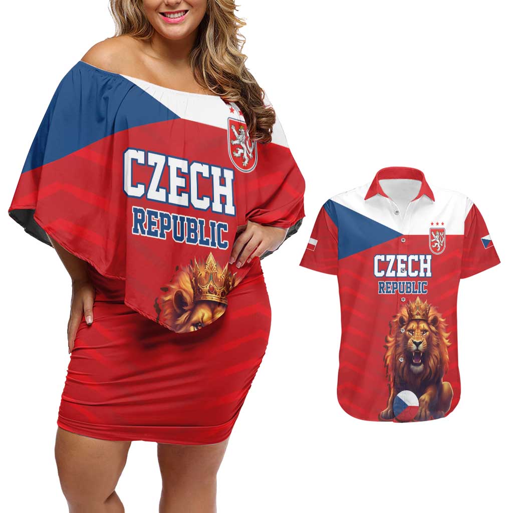 Custom Czech Republic Football Go Champions Couples Matching Off Shoulder Short Dress and Hawaiian Shirt Sporty Style with Lion Mascot