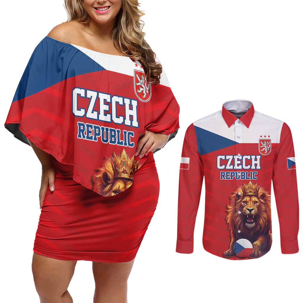 Custom Czech Republic Football Go Champions Couples Matching Off Shoulder Short Dress and Long Sleeve Button Shirt Sporty Style with Lion Mascot