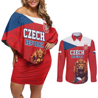 Custom Czech Republic Football Go Champions Couples Matching Off Shoulder Short Dress and Long Sleeve Button Shirt Sporty Style with Lion Mascot