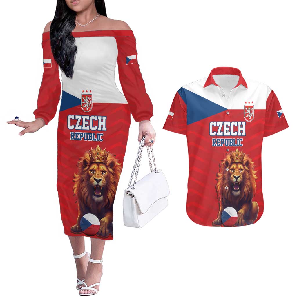 Custom Czech Republic Football Go Champions Couples Matching Off The Shoulder Long Sleeve Dress and Hawaiian Shirt Sporty Style with Lion Mascot