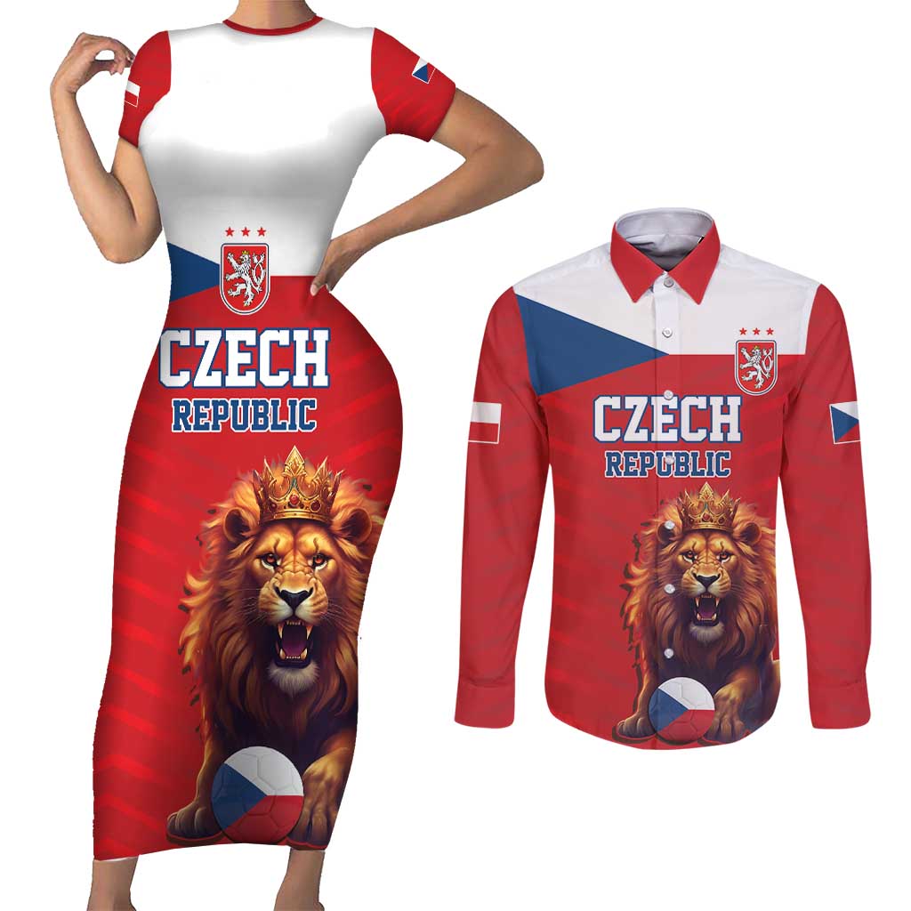 Custom Czech Republic Football Go Champions Couples Matching Short Sleeve Bodycon Dress and Long Sleeve Button Shirt Sporty Style with Lion Mascot