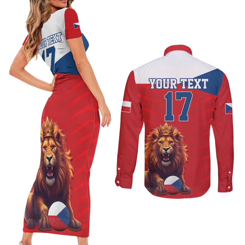 Custom Czech Republic Football Go Champions Couples Matching Short Sleeve Bodycon Dress and Long Sleeve Button Shirt Sporty Style with Lion Mascot