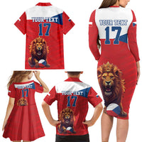 Custom Czech Republic Football Go Champions Family Matching Long Sleeve Bodycon Dress and Hawaiian Shirt Sporty Style with Lion Mascot