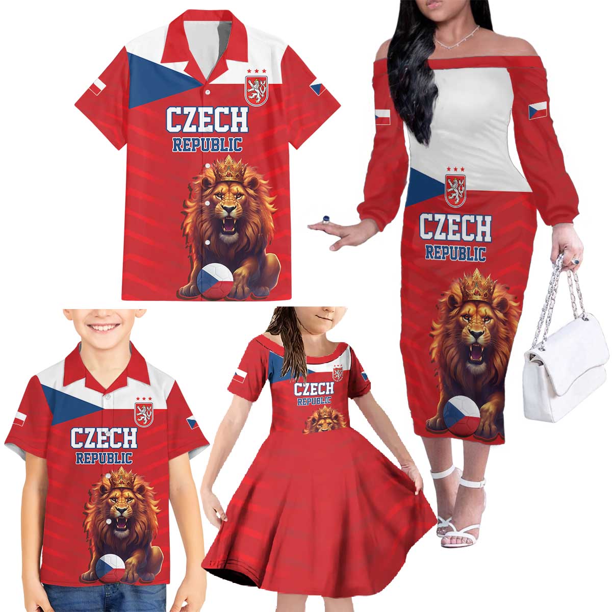 Custom Czech Republic Football Go Champions Family Matching Off The Shoulder Long Sleeve Dress and Hawaiian Shirt Sporty Style with Lion Mascot