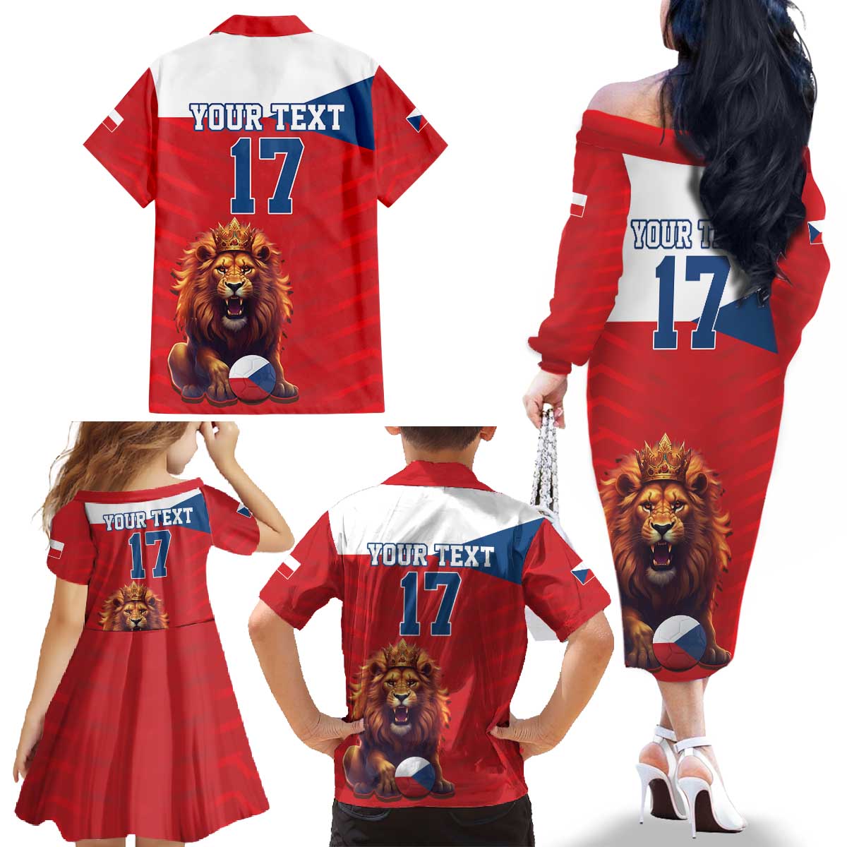 Custom Czech Republic Football Go Champions Family Matching Off The Shoulder Long Sleeve Dress and Hawaiian Shirt Sporty Style with Lion Mascot