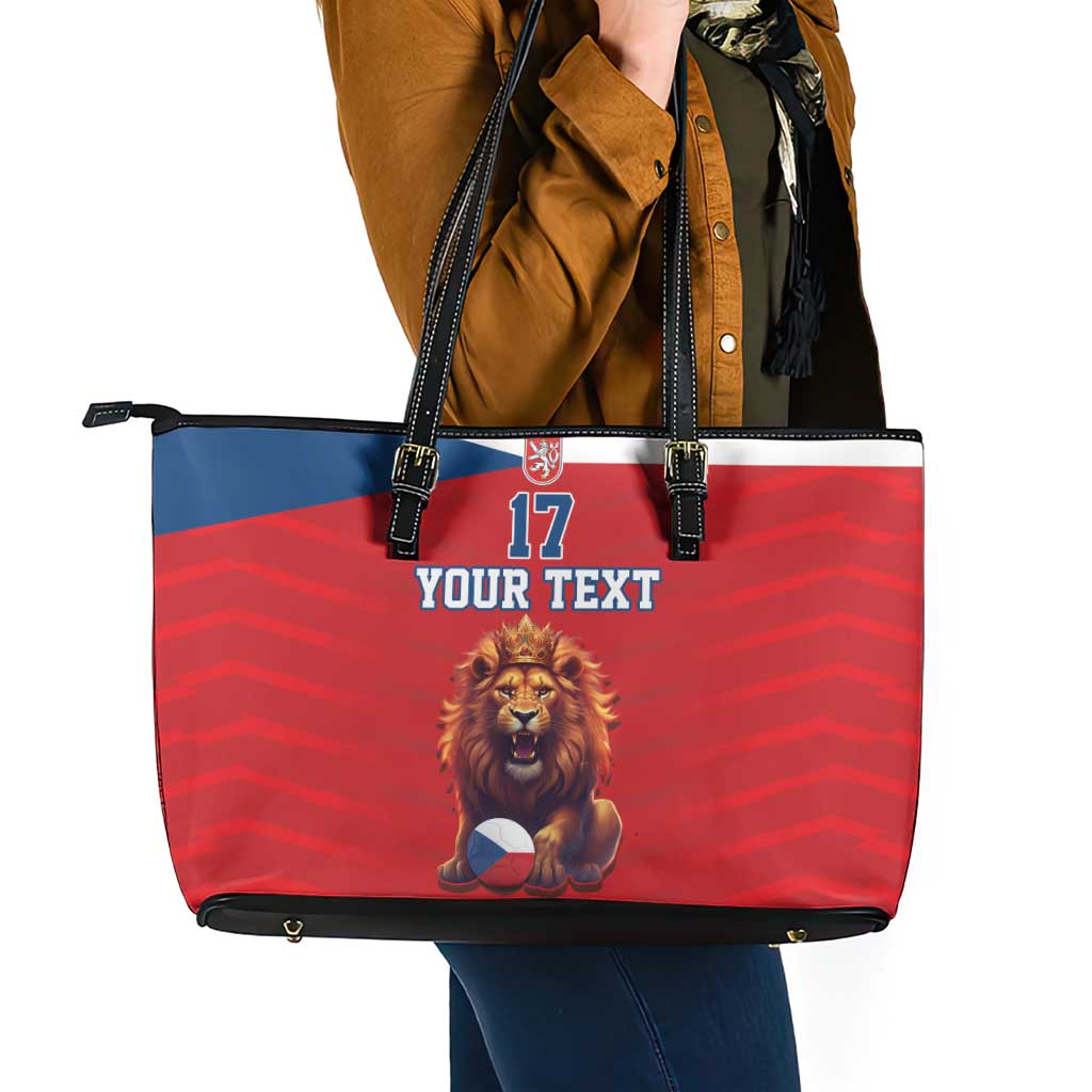 Custom Czech Republic Football Go Champions Leather Tote Bag Sporty Style with Lion Mascot