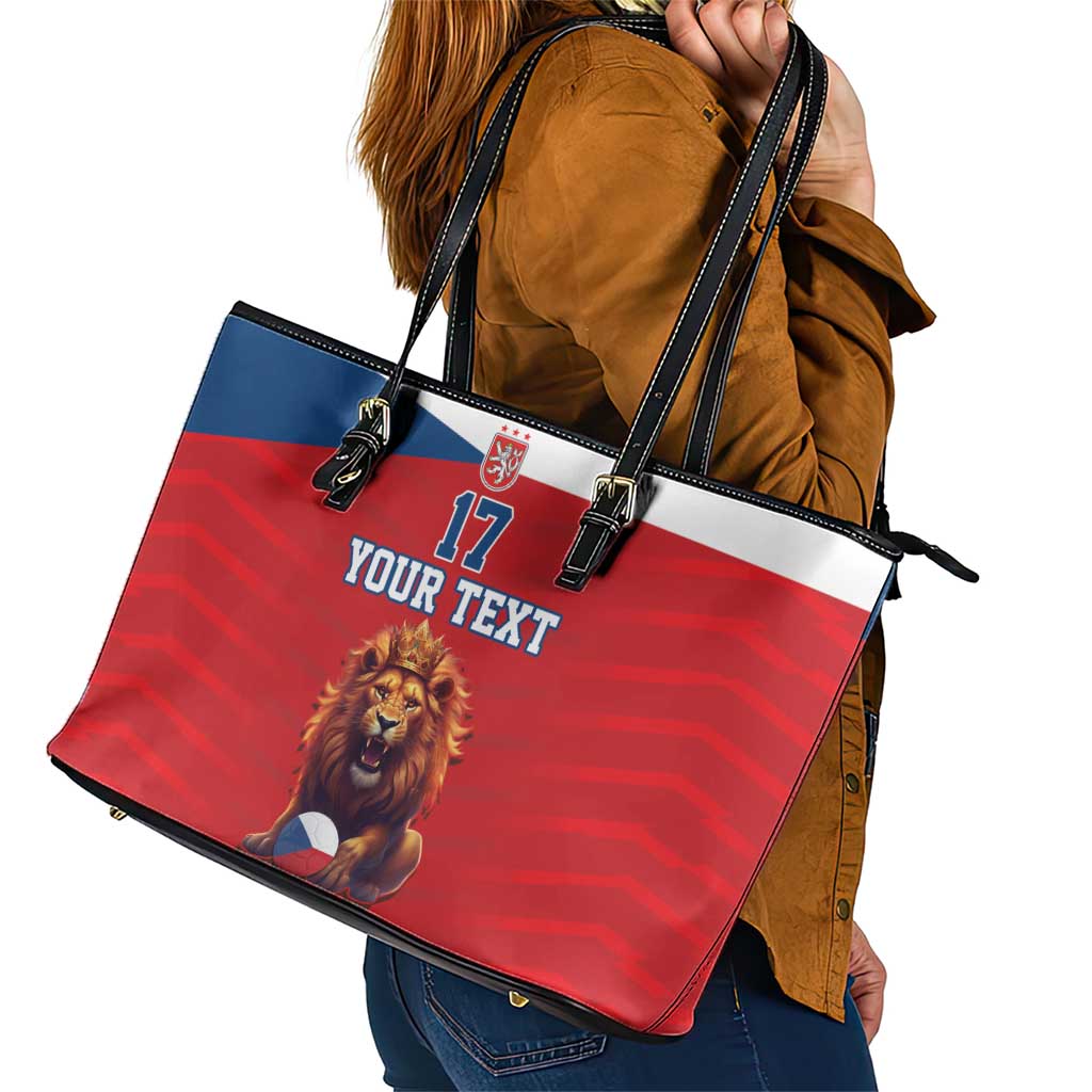Custom Czech Republic Football Go Champions Leather Tote Bag Sporty Style with Lion Mascot