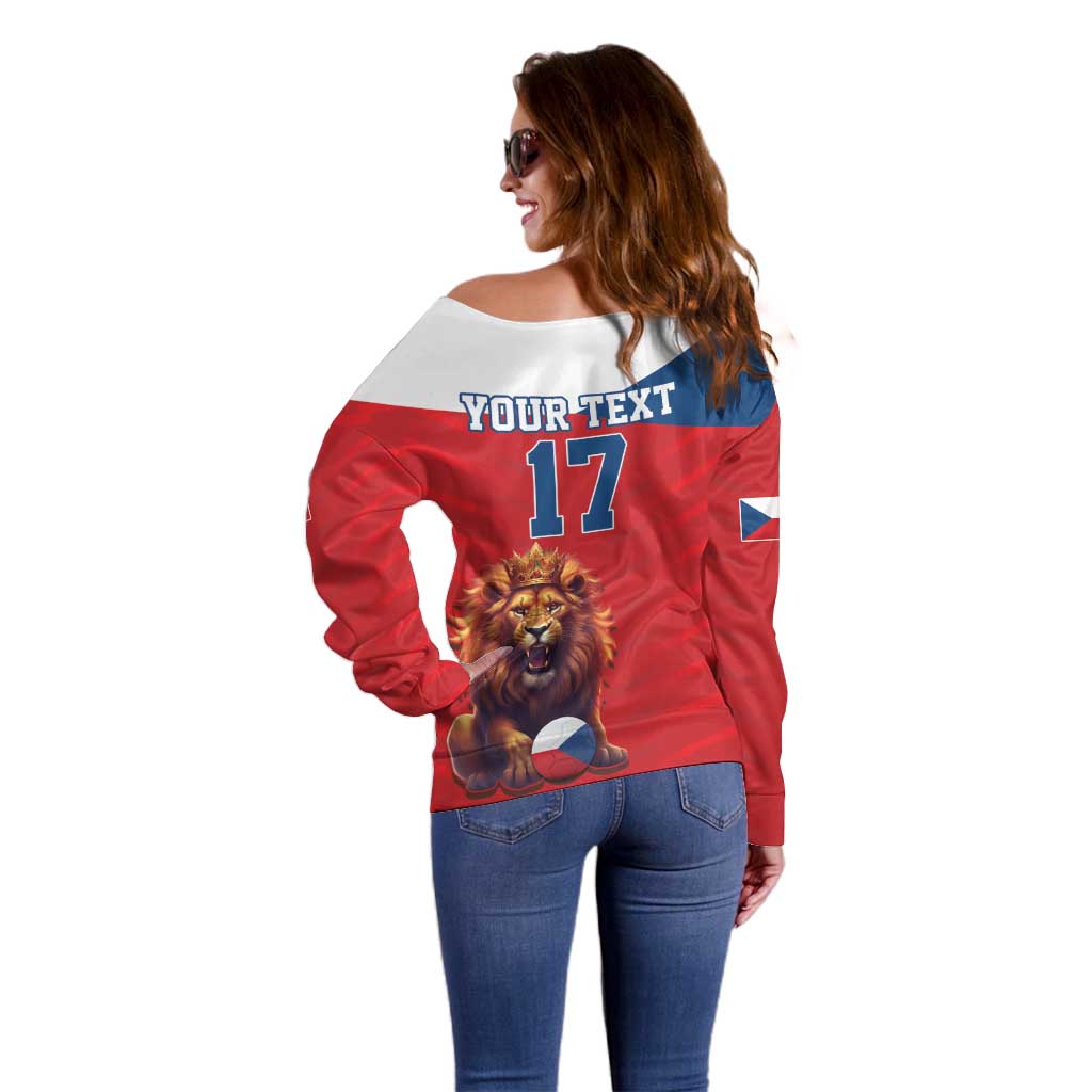 Custom Czech Republic Football Go Champions Off Shoulder Sweater Sporty Style with Lion Mascot