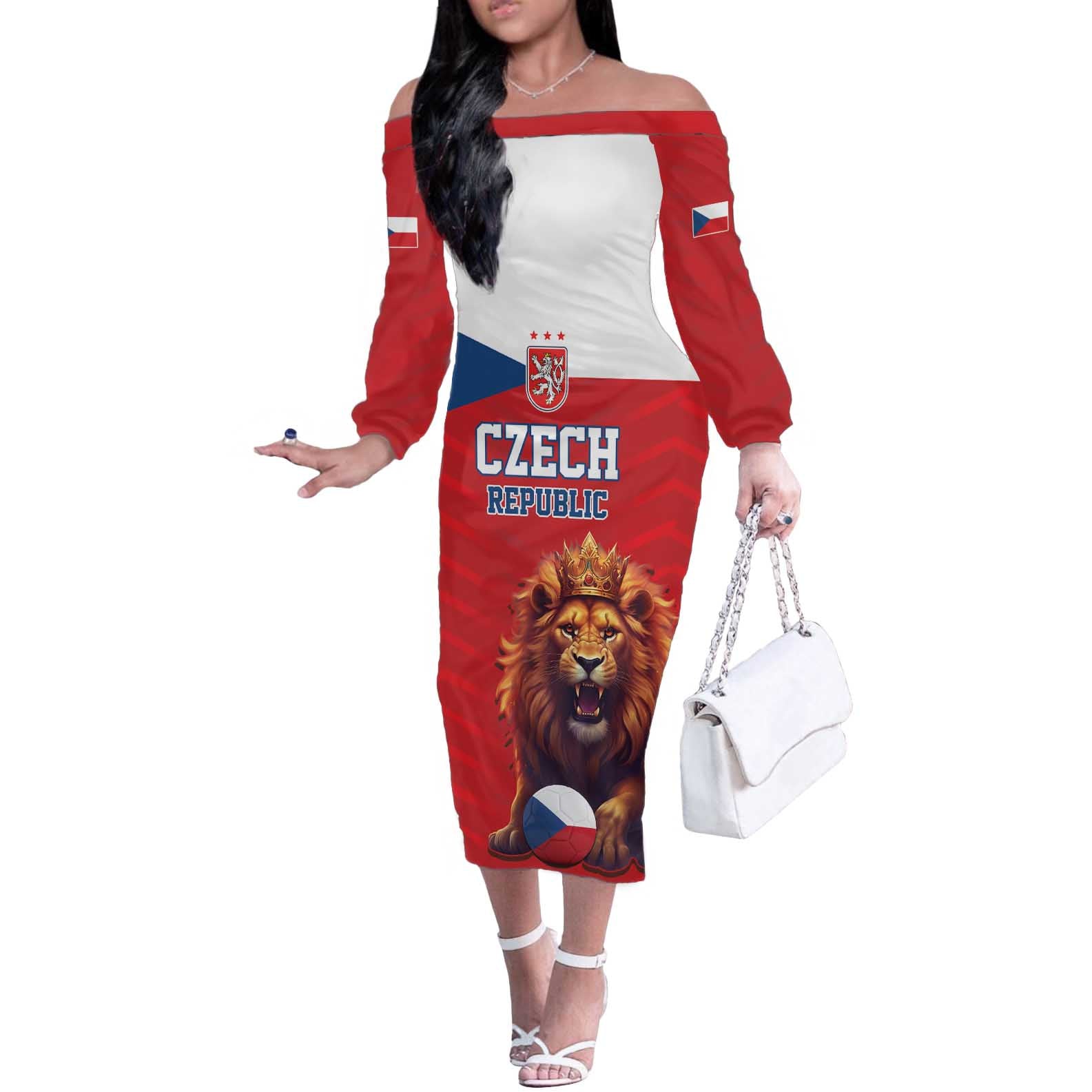 Custom Czech Republic Football Go Champions Off The Shoulder Long Sleeve Dress Sporty Style with Lion Mascot