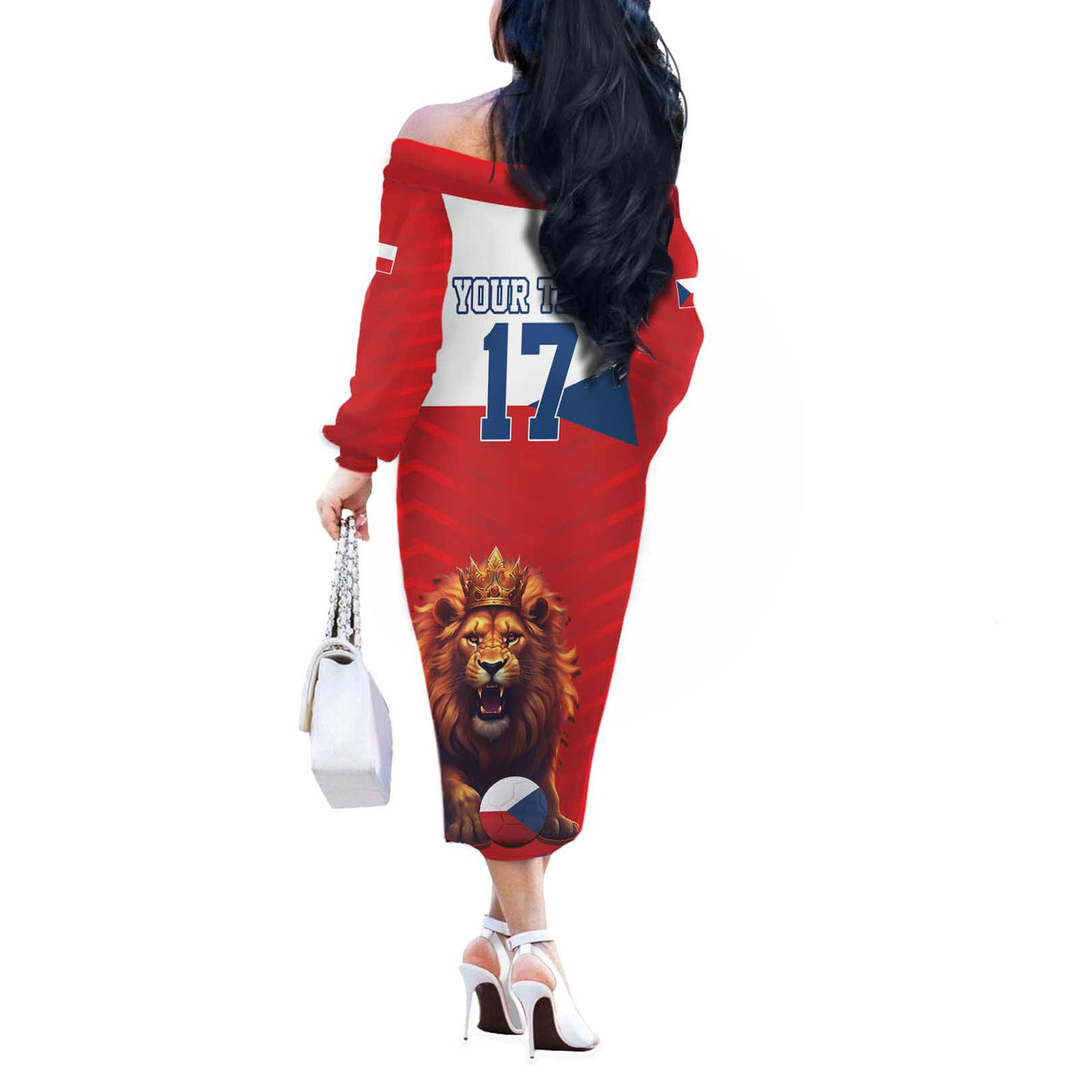 Custom Czech Republic Football Go Champions Off The Shoulder Long Sleeve Dress Sporty Style with Lion Mascot