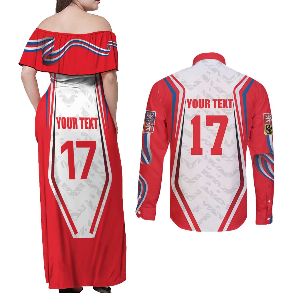 Czech Republic Ice Hockey Custom Couples Matching Off Shoulder Maxi Dress and Long Sleeve Button Shirt Flag Style