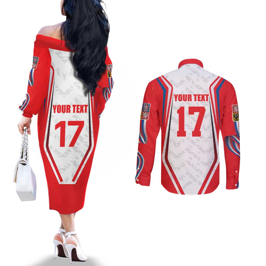 Czech Republic Ice Hockey Custom Couples Matching Off The Shoulder Long Sleeve Dress and Long Sleeve Button Shirt Flag Style